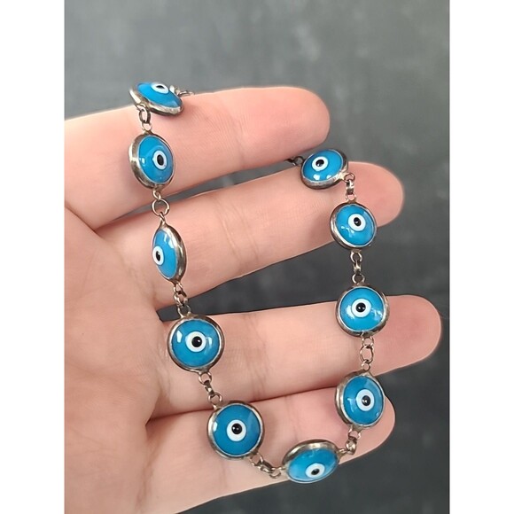 925 Sterling Silver Evil Eye Beaded Blue Glass Bracelet Vintage - Picture 2 of 10